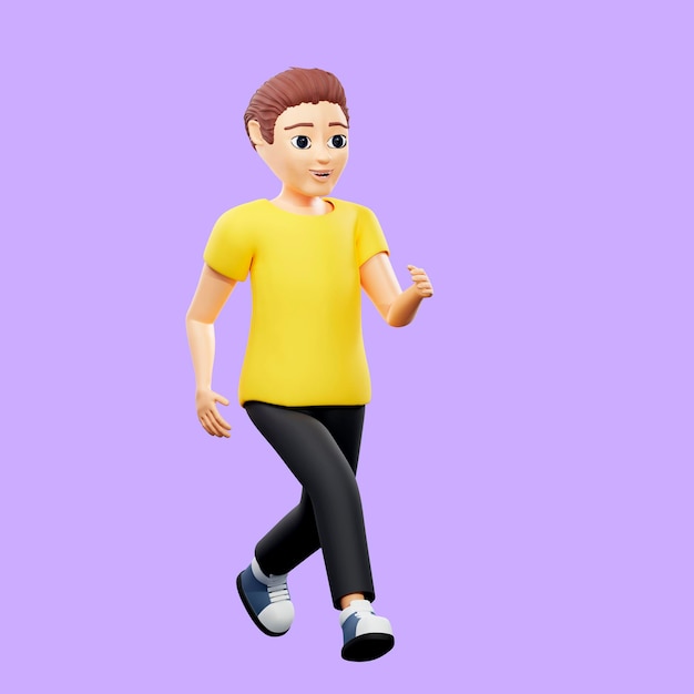 Raster illustration of man runs fast a young guy in a yellow tshirt runs first to the finish line punctuality healthy lifestyle time management rejoices in the victory 3d render artwork