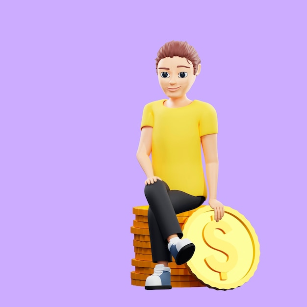 Raster illustration of man sitting on a stack of coins young
guy in a yellow tshirt earns money receives salary invests in
cryptocurrency deposits profit 3d render artwork for business