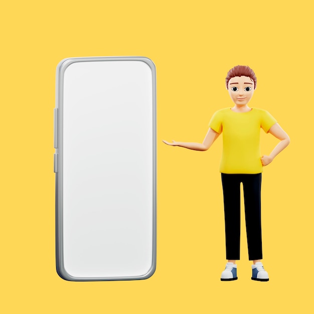 전화 옆에 서 있는 남자의 래스터 그림 노란색 티셔츠를 입은 젊은 남자가 새로운 전화 모델 기술 화면 3d 렌더링을 광고하는 거대한 스마트폰에서 손바닥을 가리킵니다.