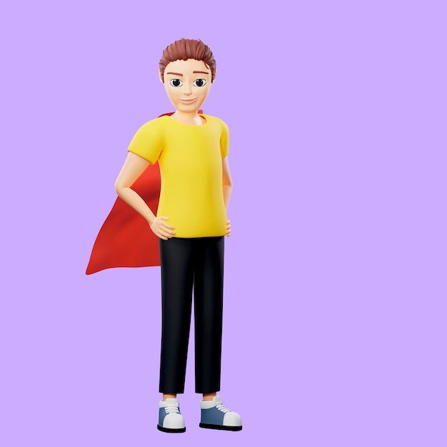 Raster illustration of man standing in a suit a superhero Young guy in a yellow tshirt and a red cloak with raised hands takes off Inspiration saves the world creative thinking feat 3d render