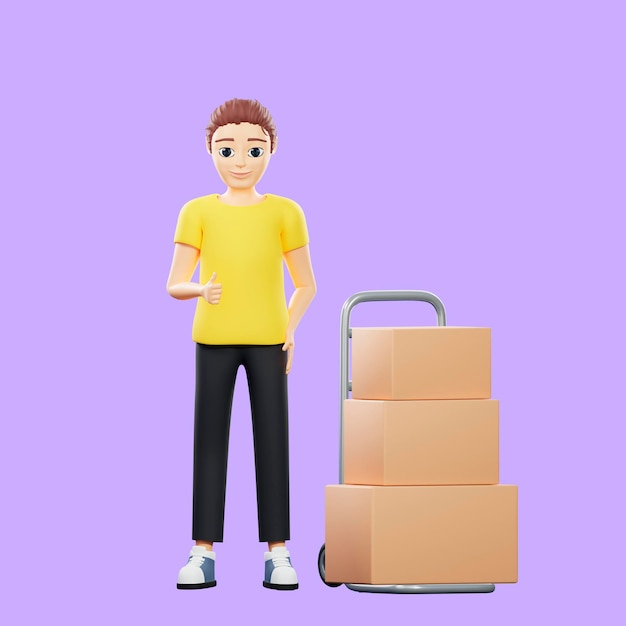 Raster illustration of man stay near a stack of boxes on a trolley and thumb up Young guy in a yellow tshirt works as a loader delivers parcels presentation delivery purchase order 3d artwork