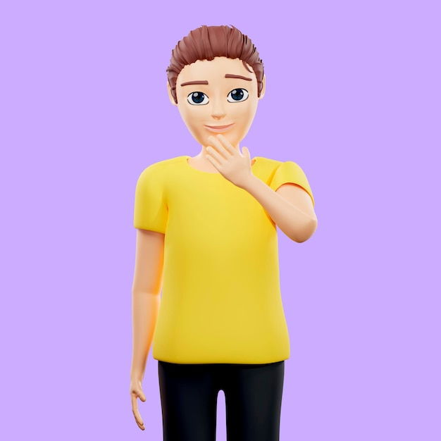 Raster illustration of man thinking about the problem A young guy in a yellow T shirt thought oil idea direct speech innovative problem impasse 3d rendering artwork for business