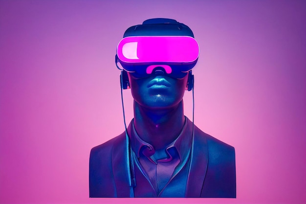 Raster illustration of man in virtual reality glasses cyberpunk metaverse cyberspace vr neural