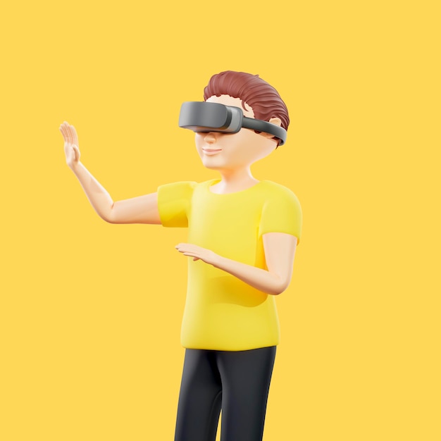 Raster illustration of man wearing black virtual reality glasses Young guy in a yellow tshirt augmented reality metaverse vr helmet holographic computer game gamer 3d render artwork