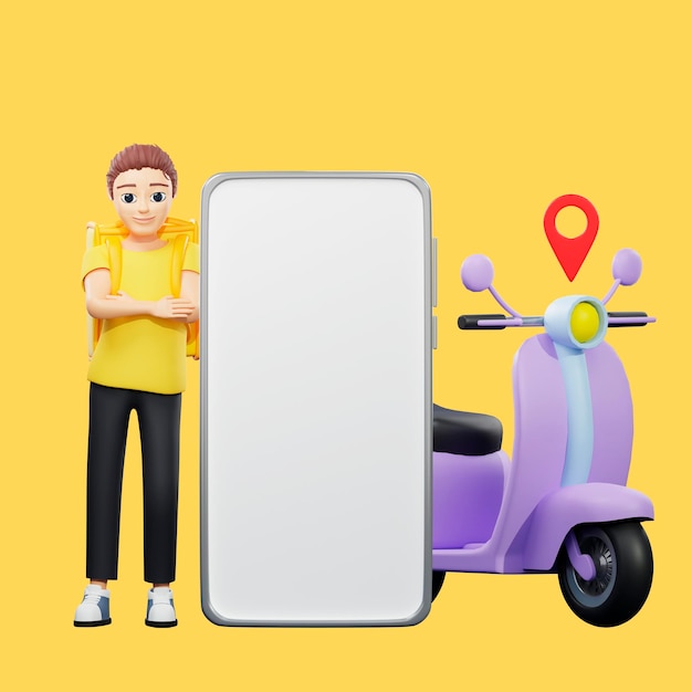 Raster illustration of man with a backpack stay near phone and scooter Young guy in a yellow tshirt delivers a parcel pointer location destination distance 3d rendering artwork for business