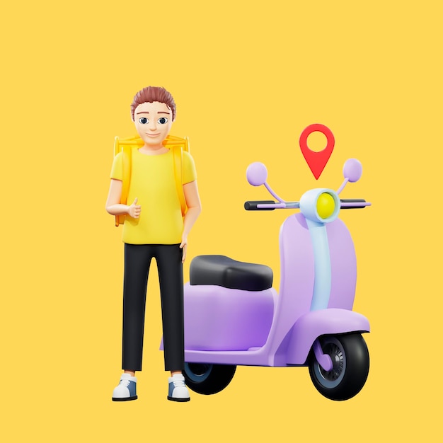 Raster illustration of man with a backpack stay near scooter and thumb up Young guy in a yellow tshirt delivers a parcel pointer location destination distance 3d rendering artwork for business