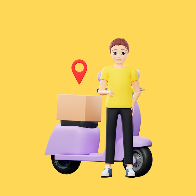 Photo raster illustration of man with a parcel stay near scooter and thumb up young guy in a yellow tshirt delivers a box pointer location destination distance 3d rendering artwork for business
