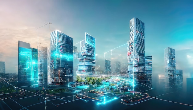 Raster illustration of metropolis of the future Skyscrapers neon blue glow turquoise telecommunication tower global network park in the city against the blue sky Technology concept 3D artwork