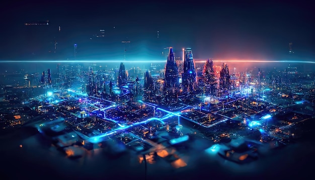 Raster illustration of metropolis of the future Turquoise neon blue glow global network park in the city skyscrapers against the blue sky telecommunication tower Technology concept 3D artwork