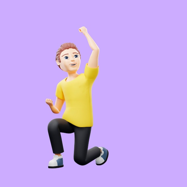 Фото Растровая иллюстрация человека радуется молодой парень в желтой футболке стоит на коленях с поднятым кулаком радуется победному достижению первое место 3d рендеринг иллюстраций для бизнеса и рекламы