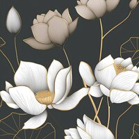 金色の輪郭を持つ白い蓮のラスターイラスト 花 豪華な色の組み合わせ 金色の輝き ハーバリウム 乾燥した植物 抽象的なパターン 葉 グレー パステル背景 3d アートワーク