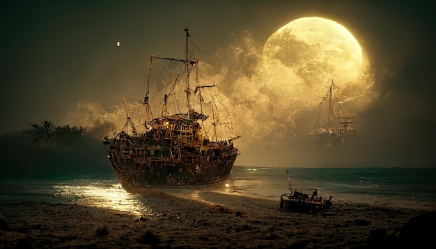 Raster illustration of old wooden ship near the sea shore Full moon in clouds debris on sand ghost ship palm trees magic realism calm water ocean pirate Night landscape concept 3D artwork