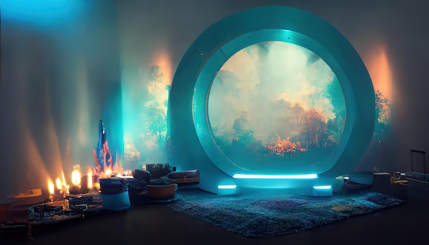 Растровая иллюстрация портала в комнате церемонии Комната со свечами для телепортации Магический реализм Научно-фантастический портал в другой мир Параллельные миры 3D растровая иллюстрация