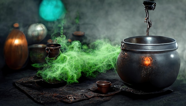 Растровая иллюстрация горшка для варки зелий Стеклянная колба с зеленым дымом вокруг нее оранжевые огни волшебная фантастика колдовство ведьмы хижина зелье чудо концепция 3D произведение растрового фона
