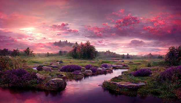 ラベンダー畑の川のラスターイラスト 紫の色調の美しい風景の景色 紫のピンクの雲 花 植物 野生生物 自然の美しさ コンセプト 3D アートワークのレンダリング