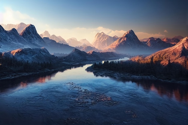 Raster illustration of river in the mountains at sunrise or\
sunset mountain ranges snow capped peaks nature untouched by man\
spruces pines taiga ice frost light blue sky 3d artwork