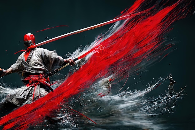 Raster illustration of samurai fights with swords a samurai\
covered in blood in a gray coat brandishes a sword war battles\
martial arts splashes of water and blood 3d artwork