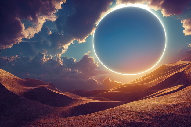 Raster illustration of solar eclipse in the desert fluffy\
clouds in the sky sand dunes sun celestial bodies sunset sunlight\
ring space nature concept 3d artwork background for business