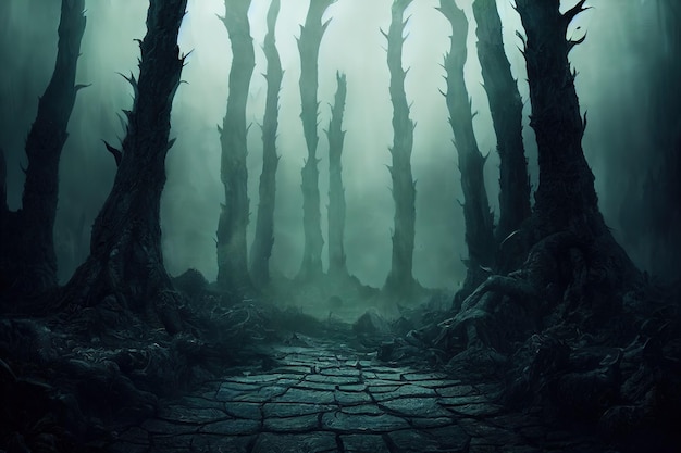 Raster illustration of spooky parched stream in dark scary forest under clouds of fog scene from horror movie dark magic mysticism occultism halloween magical realism fear concept 3d artwork