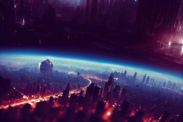 Raster illustration of view of the metropolis of the future from space Parallel worlds skyscrapers global communications 5g towers wires wireless cyberpunk cyberspace neon lights 3D artwork