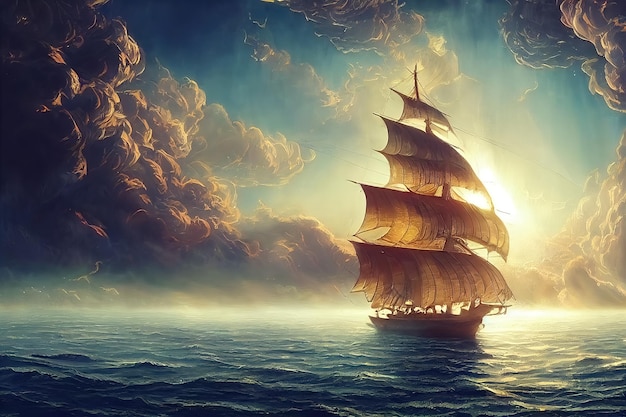 Raster illustration of wooden sailing ship on the sea Calm ocean river clear sunny day fluffy clouds pirates schooner blue sky beautiful nature salt water impending storm 3D artwork