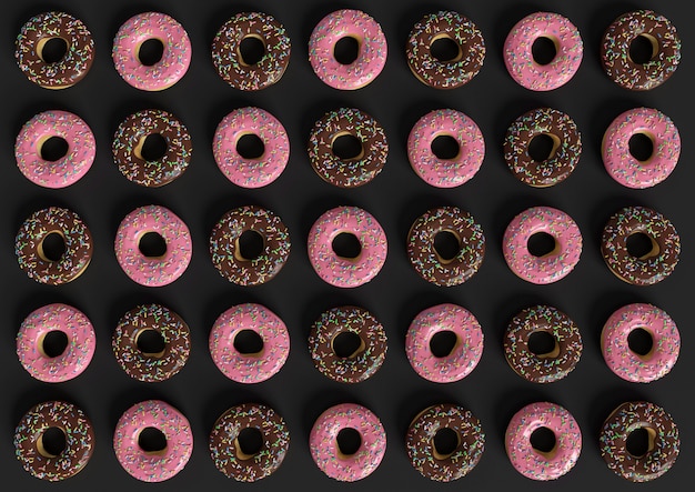 Foto raster van donuts bedekt met chocolade en zoete roos op zwart.