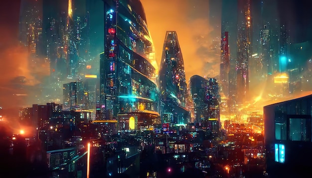 Rasterillustratie van de avond moderne stad Cyberpunk gebouwen wolkenkrabbers neon gloed sciencefictiontechnologie Modern concept 3d rasterillustratie voor zaken en reclame