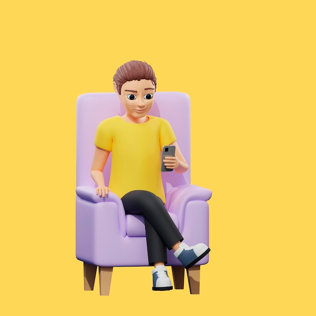 Rasterillustratie van de mens die in een stoel rust Jonge kerel in een gele t-shirt zit aan de telefoon ontspant sociale netwerken surfen op het internet Ontspan concept 3D-rendering artwork voor het bedrijfsleven