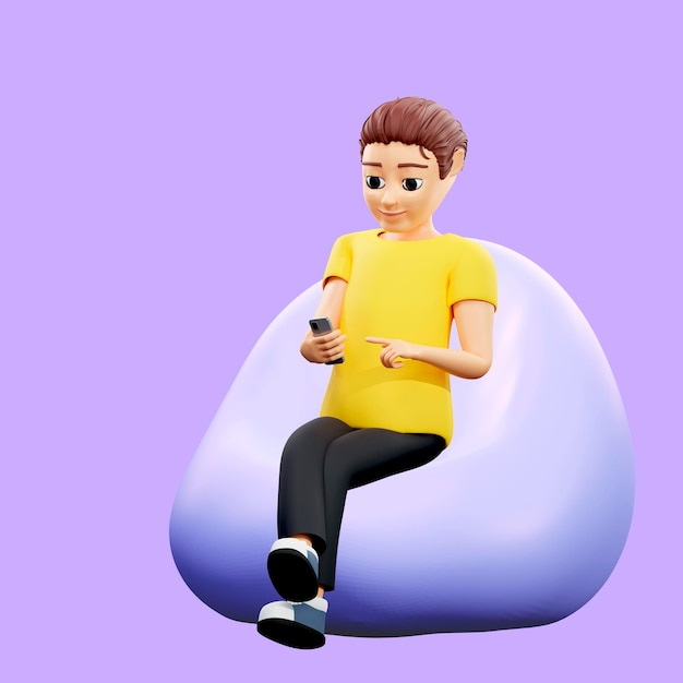 Rasterillustratie van de mens die in een zakstoel rust Een jonge kerel in een gele t-shirt zit op een bank met een telefoon ontspant sociale netwerken surfen op het internet Ontspan concept 3D-rendering artwork