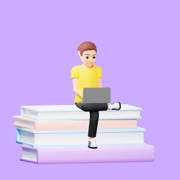 Rasterillustratie van een man zit op een stapel boeken en studeert op een laptop Een jonge man in een geel T-shirt leest ebook zit voet aan voet onderwijs afstandsonderwijs ebook 3d render artwork