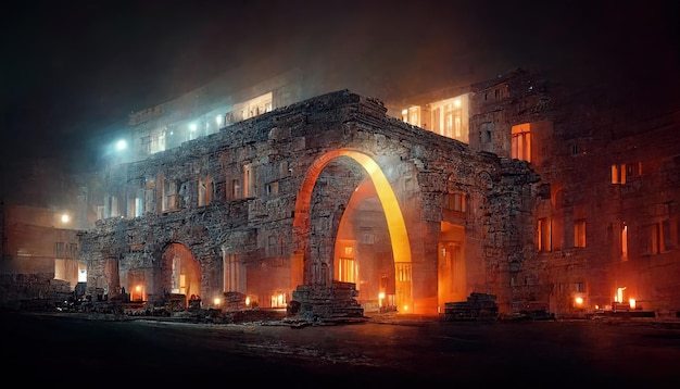 Rasterillustratie van een oud stenen kleigebouw met lampen, kaarsen en fakkels Het gebouw werd gebouwd met hoge bogen in de stijl van het oude Griekenland Oudheid 3D-rendering