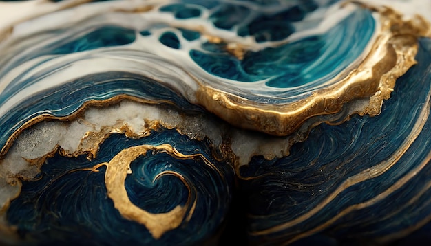 Rasterillustratie van luxe abstracte vloeibare kunstverf in de techniek van alcoholinkt een mengsel van zwarte A pastelkleuren golven en gouden krullen Voor posters ander drukwerk 3D-rendering