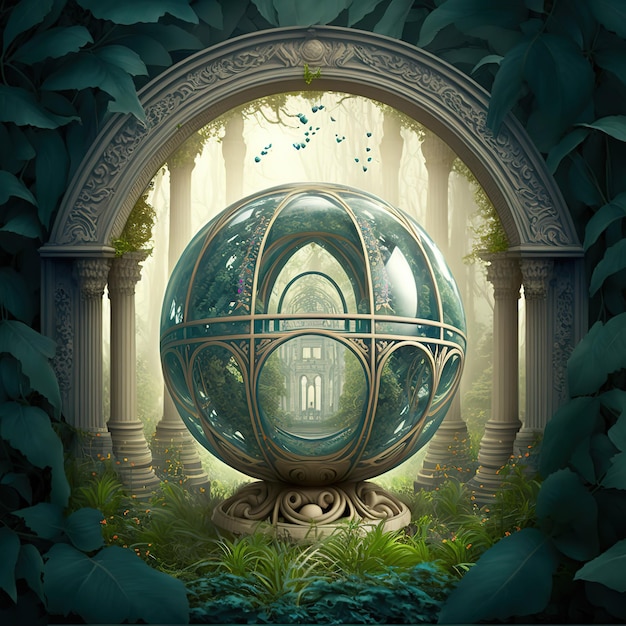 Rasterillustratie van magische bol in de botanische tuin Portaal op de open plek in het bos Magisch realisme sciencefictionportaal naar een andere wereld parallelle werelden 3D-kunstwerk