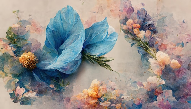 Rasterillustratie van mooi blauw bloemstuk met armbandbladeren boeket Geurige kleuren in zeekleuren Botanische tuin beeldende kunst schilderij Krans van bloemen 3D-illustraties achtergrond