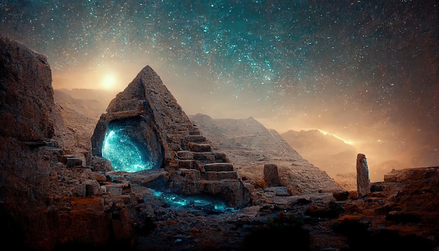 Rasterillustratie van portaal in de piramide in het midden van de woestijn Portaal naar een andere wereld oude Egypte magische mystiek sterrenhemel sciencefiction 3D-illustraties achtergrond