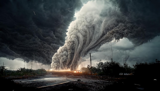 Rasterillustratie van zwarte lucht boven een woondorp Orkaan storm tornado natuurramp schoonheid en kracht van de natuur kolommen van stof stortbui weer klimaat 3D-illustraties