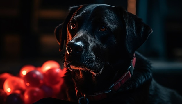 Raszuivere Labrador Retriever die buiten zit en naar de camera kijkt met loyaliteit gegenereerd door AI