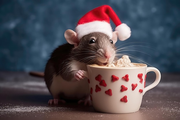 Rat draagt een kerstmuts en houdt hete cacaomok met marshmallows vast Generatieve AI