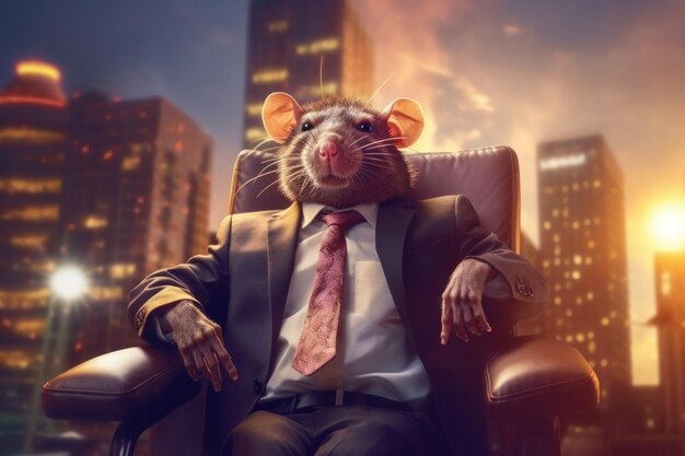 ビジネススーツを着たネズミが高層ビルにあるオフィスの革のアームチェアに座っている