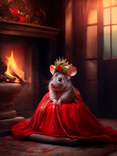 A rat dressed in red with a crown near a burning fireplace