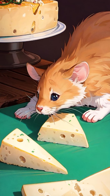 The rat eats cheese on the table at the kitchen