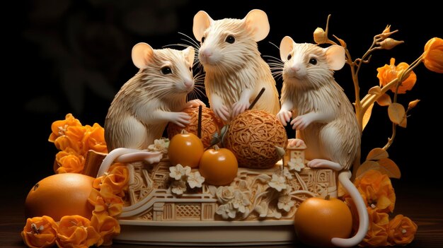 Rat Figurine Tangerines New Chinese Year Happy New Year Background Hd Background