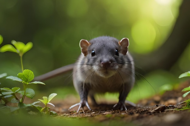 A rat in the forest with green leaves in the background