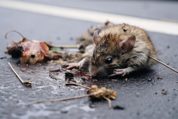 Photo a rat is laying on the ground next to a dead plant