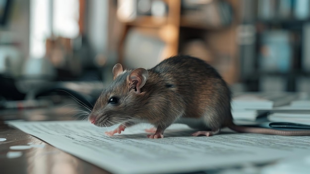 A rat is standing on top of a piece of paper