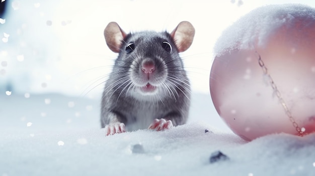 Rat met kerstbal ornament in de sneeuw