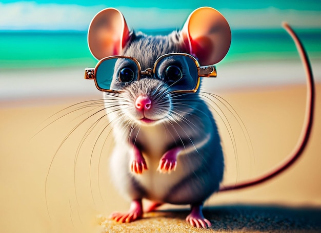 rat op een zandstrand met een bril aan zee Generatieve AI