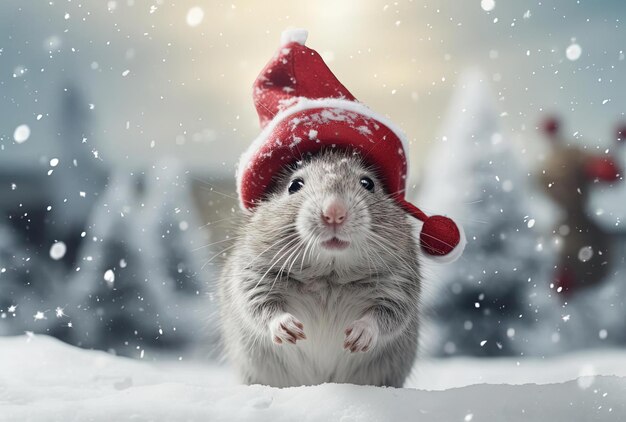 rat in red hat standing on snowy ground