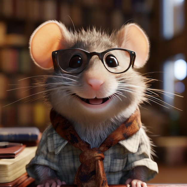 Photo a rat's spectacled portrait in its realistic library a 4k highquality masterpiece from pixar