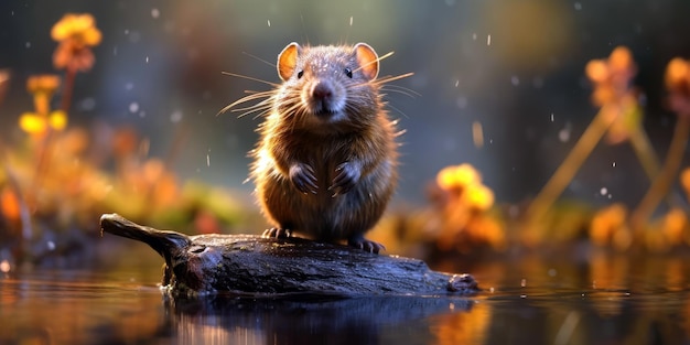 A rat sits on a log in the rain